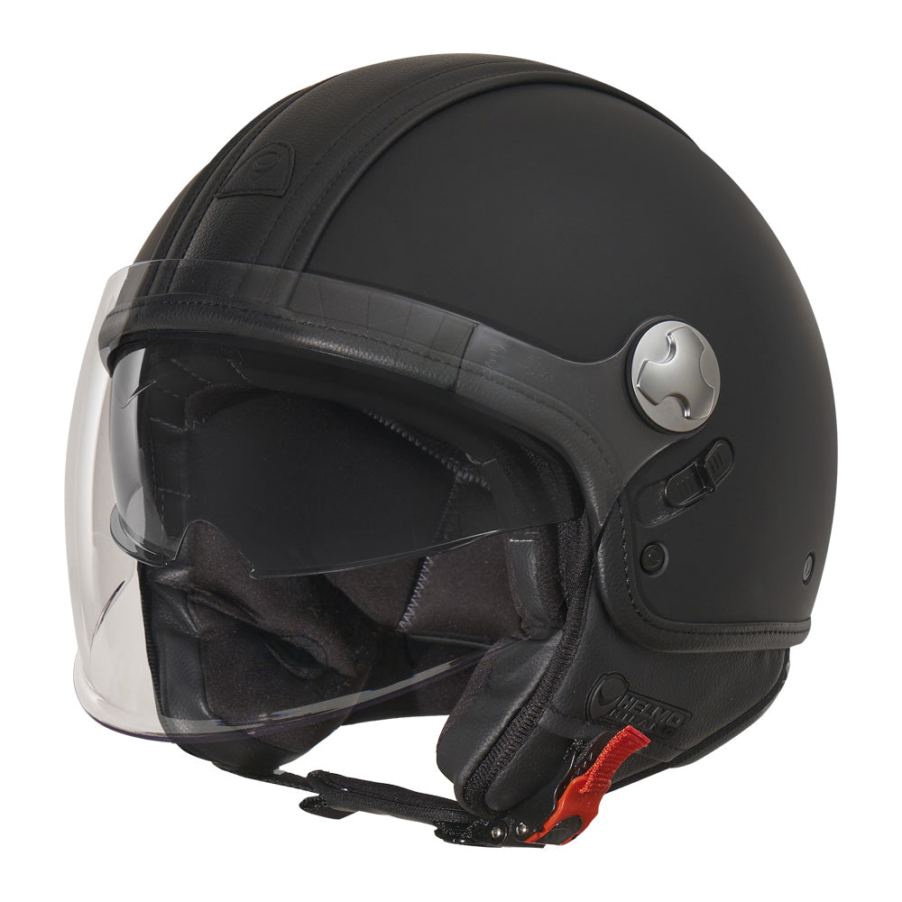Pelledura Premium Matt Black/black con Pelle Nera Casco Jet Doppia Visiera Helmomilano