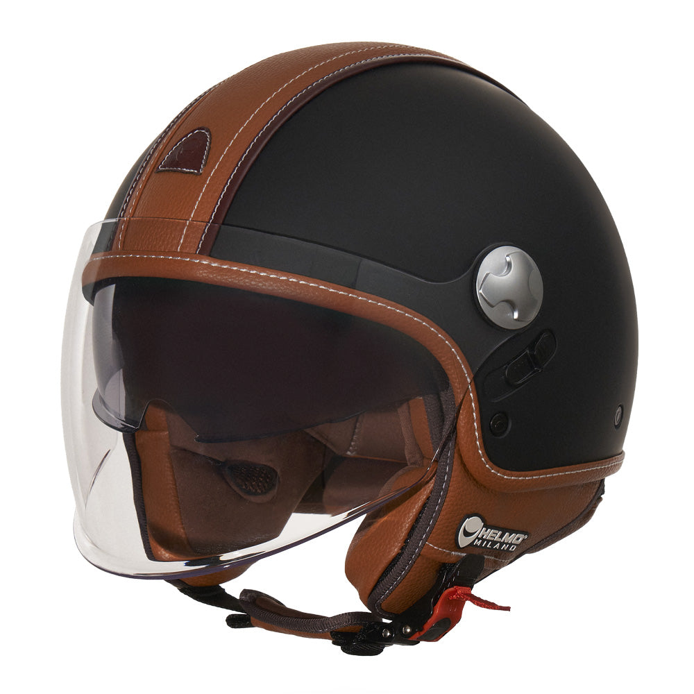 Pelledura Premium Black/brown con Pelle Brown Casco Jet Doppia Visiera Helmo Milano