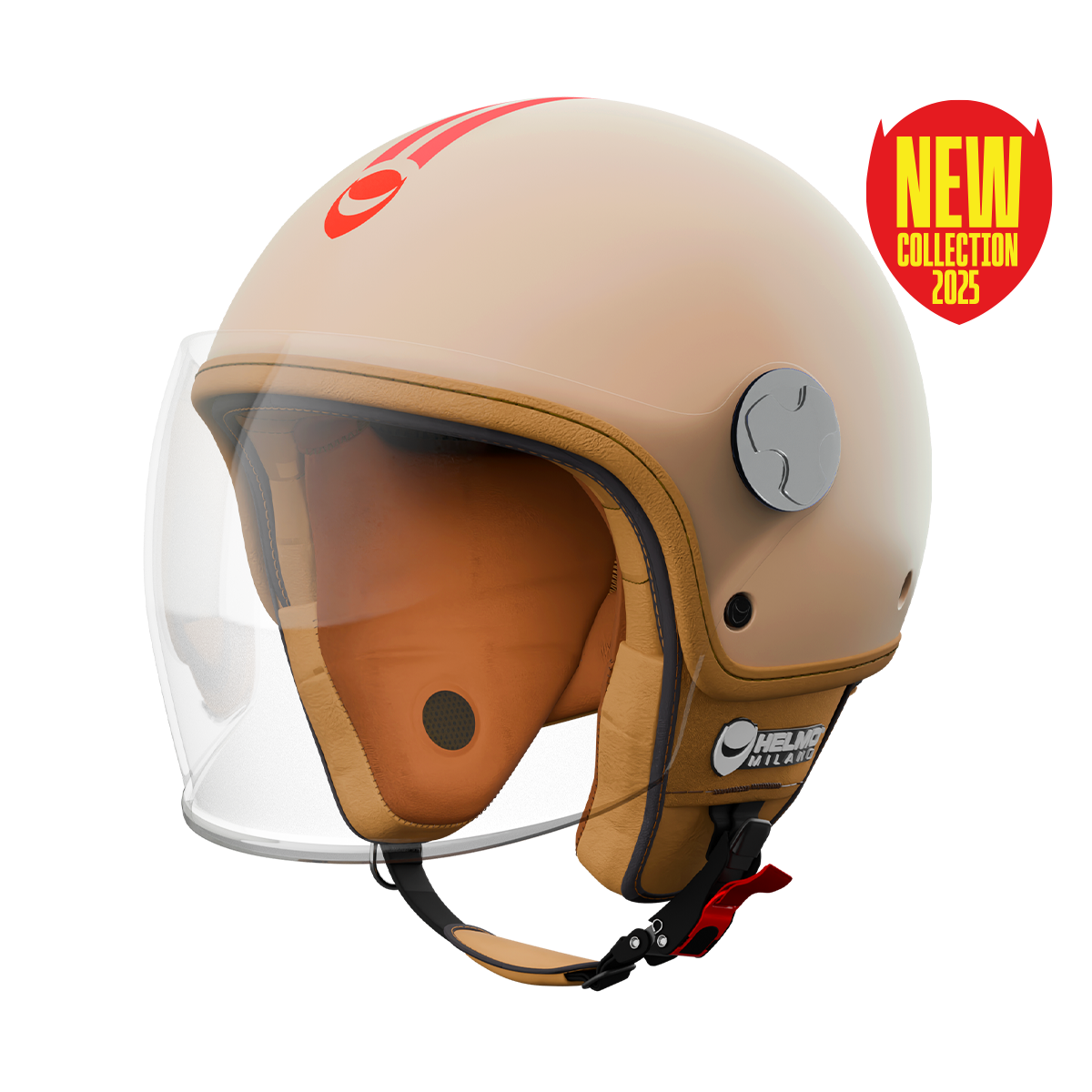Veloce Burgundy Casco Jet Beige con Striscia Rossa Visiera Lunga Helmo Milano