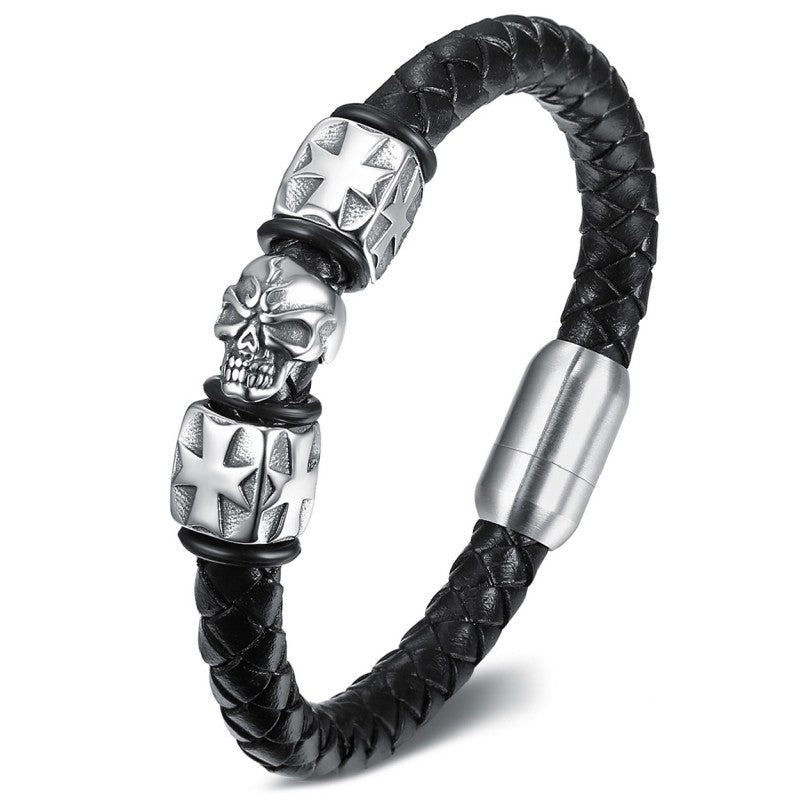 Bracciale In Pelle In Acciaio Inox Teschio Templare Croce Patente D'oro Uomo