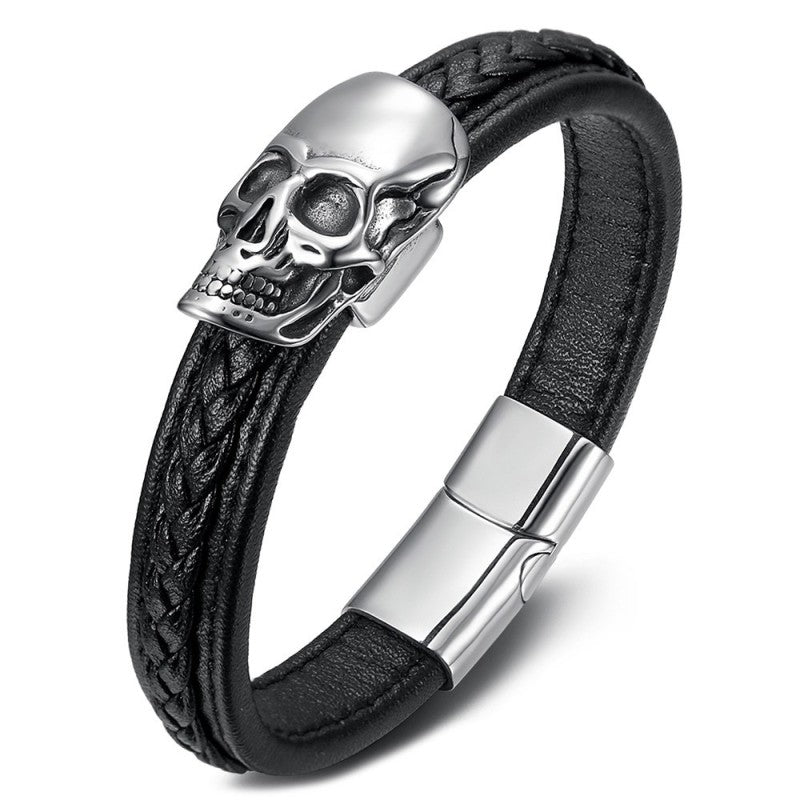Bracciale In Pelle Intrecciata In Acciaio Inox Testa Di Morte Teschio Biker Silver 19cm