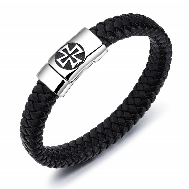 Bracciale con Cinturino In Pelle In Acciaio Templare Croce Patente D'oro 12mm Nero 18cm