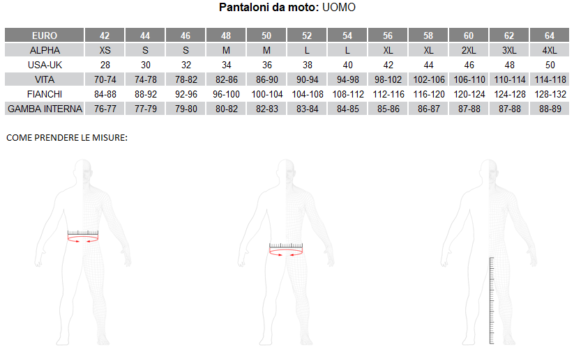 tabella taglie pantaloni moto uomo dainese