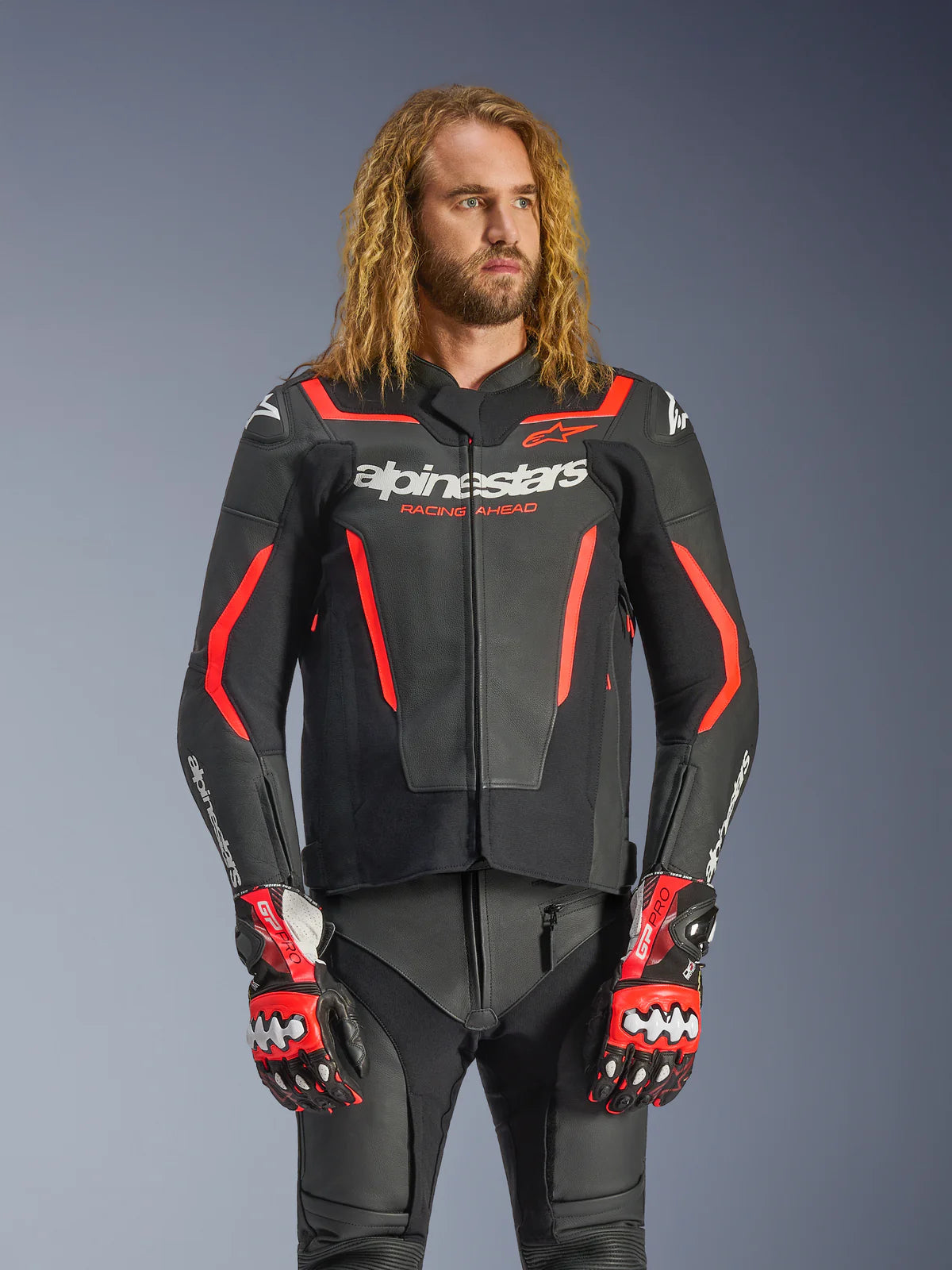 Gp Force V2 Leather Jacket Black Red Fluo Alpinestars